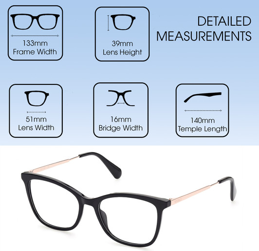 Dimensions and Measurements Illustration of Max&Co MO5051-001 Women's Cat Eye Designer Reading Glasses Black Rose Gold 51 mm