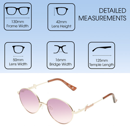 Dimensions and Measurements Illustration of Guess Factory GF4014 Women's Oval Full Rim Designer Sunglasses in Rose Gold/Violet Purple Mirror Gradient 50mm
