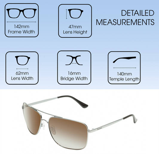Dimensions and Measurements Illustration of Timberland TB7202 Unisex Pilot Full Rim Designer Sunglasses in Shiny Gunmetal Silver/Brown Polarized 62mm