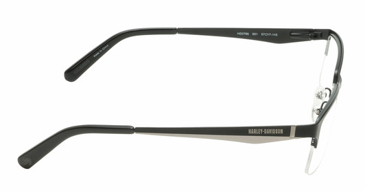Side View of Harley-Davidson HD0766 Designer Single Vision Prescription Rx Eyeglasses in Shiny Black Unisex Rectangular Semi-Rimless Stainless Steel 57 mm