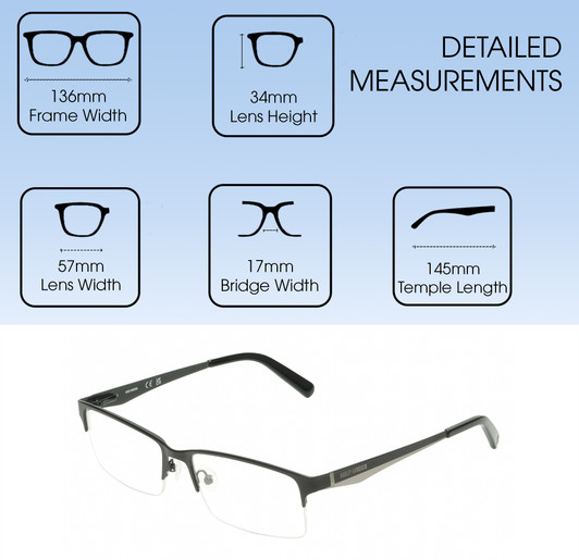Dimensions and Measurements Illustration of Harley-Davidson HD0766 Designer Progressive Lens Prescription Rx Eyeglasses in Shiny Black Unisex Rectangular Semi-Rimless Stainless Steel 57 mm