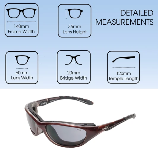 Dimensions and Measurements Illustration of Wiley X Rx Airrage Climate Control Sport Sunglass in Metallic Plum Purple