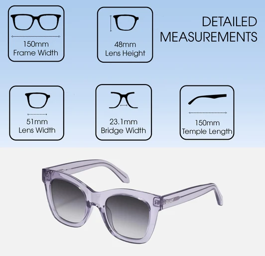 Dimensions and Measurements Illustration of QUAY Australia After Hours Cat Eye Sunglasses in Sweet Pea Lilac/Smoke Grey 51mm