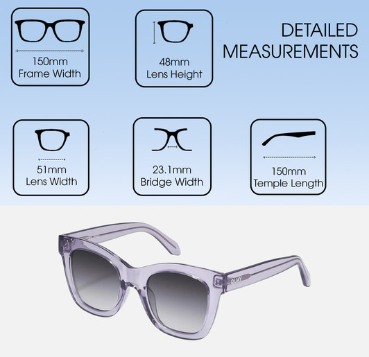 Dimensions and Measurements Illustration of QUAY Australia After Hours Designer Reading Glasses Sweet Pea Lilac Cat Eye 51mm