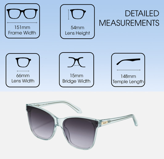 Dimensions and Measurements Illustration of QUAY Australia After Party Women's Square Full Rim Designer Prescription Eyeglasses in Clear Aqua Blue 66mm Rx-BI-FOCAL