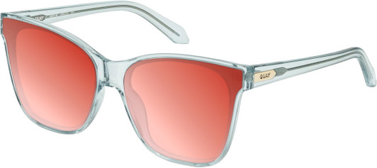 Profile View of QUAY Australia After Party Designer Polarized Sunglasses with Custom Cut Red Mirror Lenses in Clear Aqua Blue Ladies Square Full Rim Acetate 66 mm