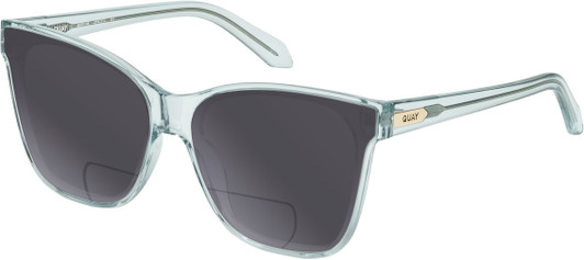Profile View of QUAY Australia After Party Designer Polarized Reading Sunglasses with Custom Cut Powered Smoke Grey Lenses in Clear Aqua Blue Ladies Square Full Rim Acetate 66 mm