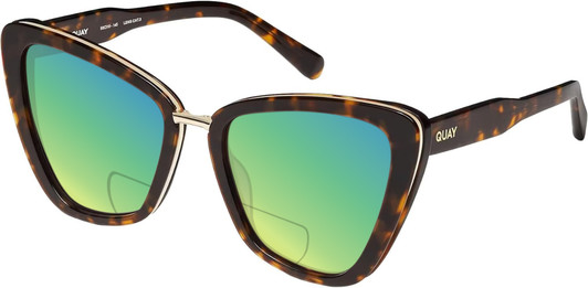 Profile View of QUAY Australia All Talk Designer Polarized Reading Sunglasses with Custom Cut Powered Green Mirror Lenses in Brown Tortoise Ladies Cat Eye Full Rim Acetate 58 mm