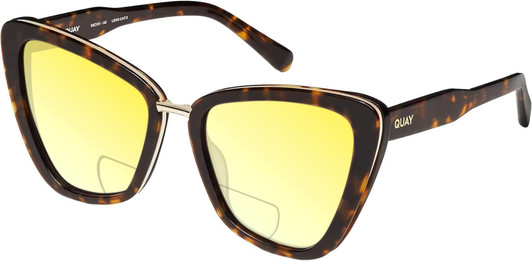 Profile View of QUAY Australia All Talk Designer Polarized Reading Sunglasses with Custom Cut Powered Sun Flower Yellow Lenses in Brown Tortoise Ladies Cat Eye Full Rim Acetate 58 mm