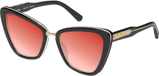 Profile View of QUAY Australia All Talk Designer Polarized Sunglasses with Custom Cut Red Mirror Lenses in Gloss Black Ladies Cat Eye Full Rim Acetate 58 mm