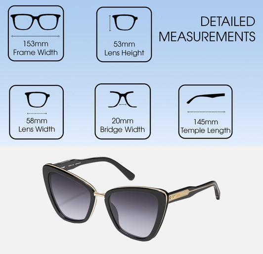 Dimensions and Measurements Illustration of QUAY All Talk Women's Cat Eye Polarized BI-FOCAL Sunglasses in Gloss Black 58 mm