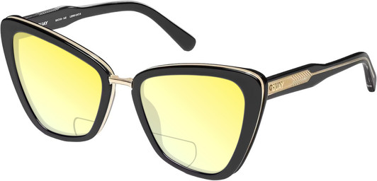 Profile View of QUAY Australia All Talk Designer Polarized Reading Sunglasses with Custom Cut Powered Sun Flower Yellow Lenses in Gloss Black Ladies Cat Eye Full Rim Acetate 58 mm