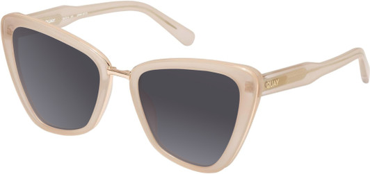 Profile View of QUAY Australia All Talk Designer Polarized Sunglasses with Custom Cut Smoke Grey Lenses in Bone White Ladies Cat Eye Full Rim Acetate 58 mm