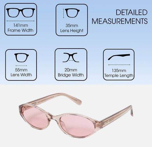 Dimensions and Measurements Illustration of QUAY Australia Aura Points Unisex Oval Designer Sunglasses Brown Doe/Pink 55 mm