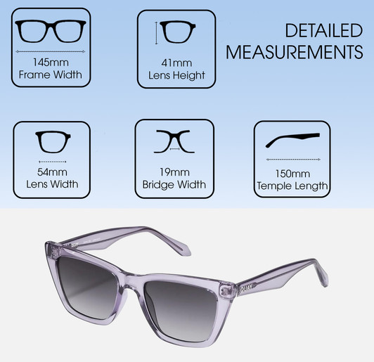 Dimensions and Measurements Illustration of QUAY Australia Call The Shots Women's Cat Eye Full Rim Designer Prescription Eyeglasses in Crystal Crystal Sweet Pea Lilac 54mm Rx-Progressive