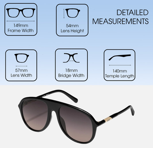 Dimensions and Measurements Illustration of QUAY Australia Chart Topper Mens Pilot Designer Blue Light Glasses in Black 57mm