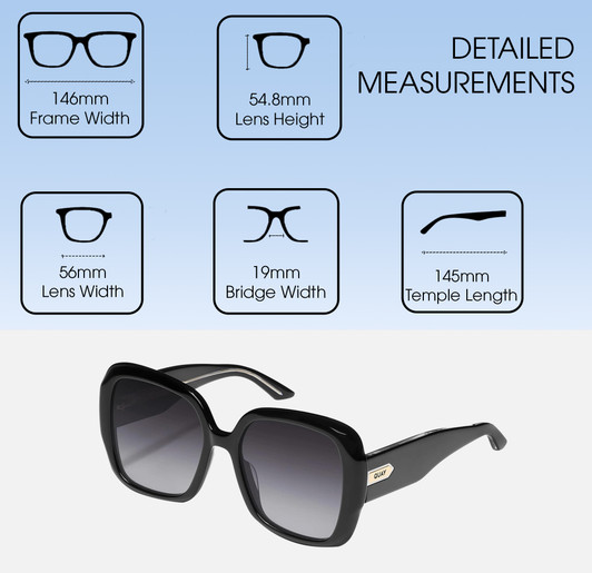 Dimensions and Measurements Illustration of QUAY Australia Full Glam Women's Square Full Rim Designer Prescription Eyeglasses in Gloss Black 56mm Rx-BI-FOCAL