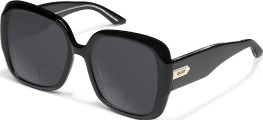 Profile View of QUAY Australia Full Glam Designer Polarized Reading Sunglasses with Custom Cut Powered Smoke Grey Lenses in Gloss Black Ladies Square Full Rim Acetate 56 mm