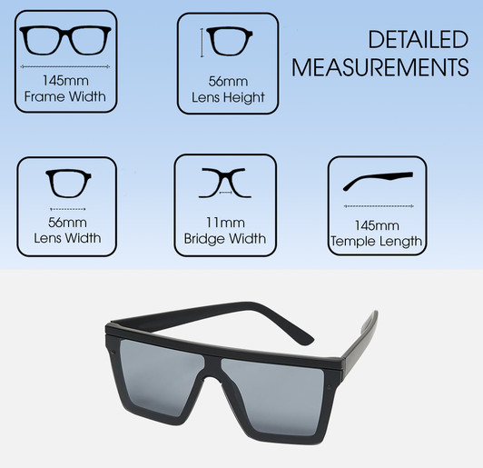 Dimensions and Measurements Illustration of QUAY Australia Hindsight Mens Rectangular Sunglasses Matte Black/Smoke Grey 56mm