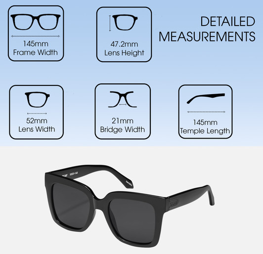 Dimensions and Measurements Illustration of QUAY Australia Icy Women's Square Full Rim Designer Prescription Eyeglasses in Gloss Black 52mm Rx-SV