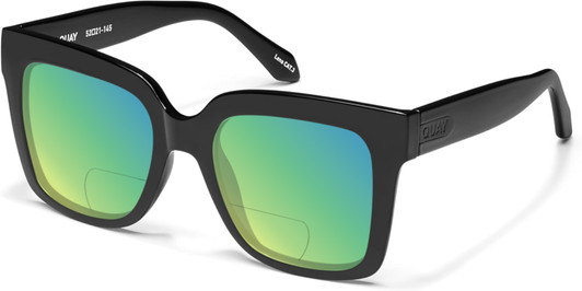 Profile View of QUAY Australia Icy Designer Polarized Reading Sunglasses with Custom Cut Powered Green Mirror Lenses in Gloss Black Ladies Square Full Rim Acetate 52 mm