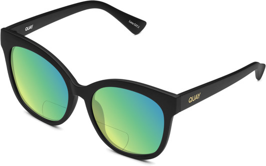 Profile View of QUAY Australia It's My Way Designer Polarized Reading Sunglasses with Custom Cut Powered Green Mirror Lenses in Matte Black Ladies Cat Eye Full Rim Acetate 59 mm