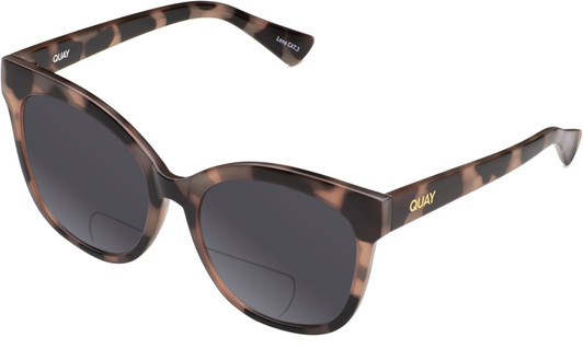 Profile View of QUAY Australia It's My Way Designer Polarized Reading Sunglasses with Custom Cut Powered Smoke Grey Lenses in Black Tortoise Ladies Cat Eye Full Rim Acetate 59 mm