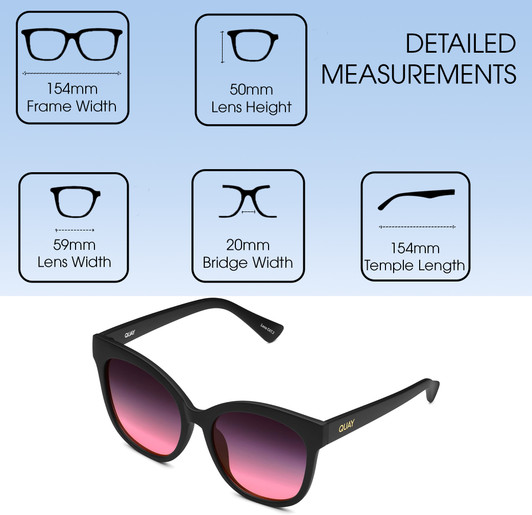 Dimensions and Measurements Illustration of QUAY Australia It's My Way Women's Cat Eye Full Rim Designer Prescription Eyeglasses in Matte Black 59mm Rx-SV