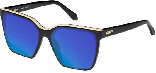 Profile View of QUAY Australia Level Up Designer Polarized Sunglasses with Custom Cut Blue Mirror Lenses in Matte Black Ladies Square Full Rim Acetate 60 mm