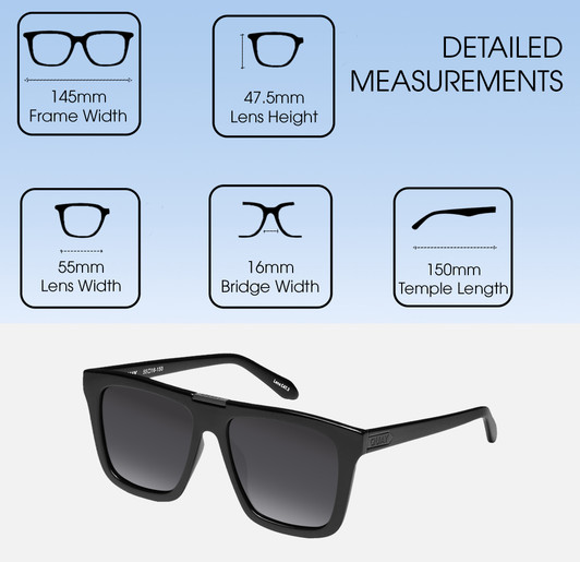 Dimensions and Measurements Illustration of QUAY Australia Name Drop Square Multi-Focus Blue Light Glasses Gloss Black 55 mm