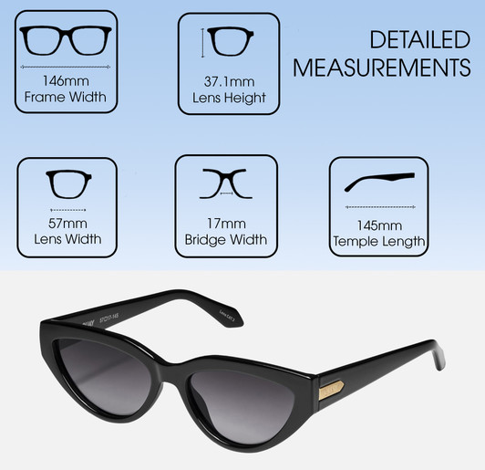 Dimensions and Measurements Illustration of QUAY Australia Narrow Down Women's Cat Eye Full Rim Designer Prescription Eyeglasses in Gloss Black 57mm Rx-BI-FOCAL