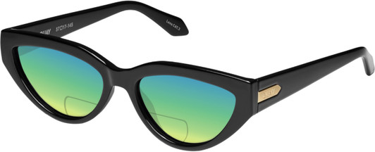 Profile View of QUAY Australia Narrow Down Designer Polarized Reading Sunglasses with Custom Cut Powered Green Mirror Lenses in Gloss Black Ladies Cat Eye Full Rim Acetate 57 mm