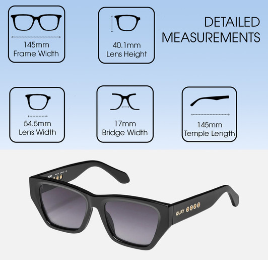 Dimensions and Measurements Illustration of QUAY No Apologies Unisex Square Polarized Sunglasses Gloss Black 55 mm 10 OPTIONS