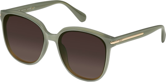 Profile View of QUAY Australia Rent Free Designer Polarized Sunglasses with Custom Cut Amber Brown Lenses in Jade Green Ladies Panthos Full Rim Acetate 59 mm