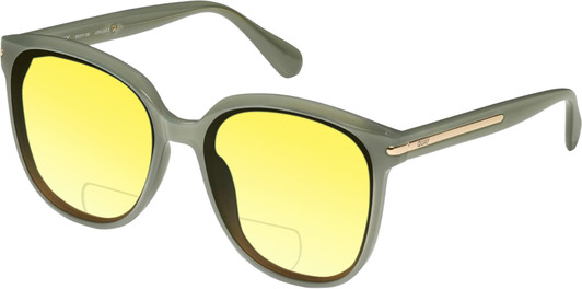 Profile View of QUAY Australia Rent Free Designer Polarized Reading Sunglasses with Custom Cut Powered Sun Flower Yellow Lenses in Jade Green Ladies Panthos Full Rim Acetate 59 mm