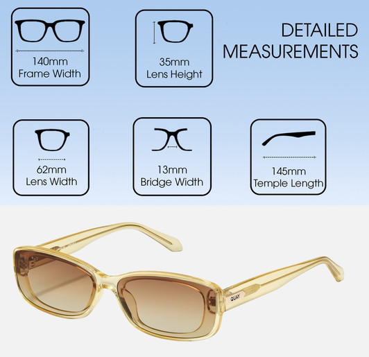 Dimensions and Measurements Illustration of QUAY Vibe Check Womens Square Polarized Sunglasses Yellow 62mm CHOOSE LENS COLOR