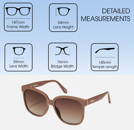 Dimensions and Measurements Illustration of QUAY Australia Wide Awake Panthos Multi-Focus Blue Light Glasses Tan Brown 59 mm