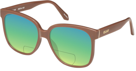 Profile View of QUAY Australia Wide Awake Designer Polarized Reading Sunglasses with Custom Cut Powered Green Mirror Lenses in Gloss Tan Brown Ladies Panthos Full Rim Acetate 59 mm