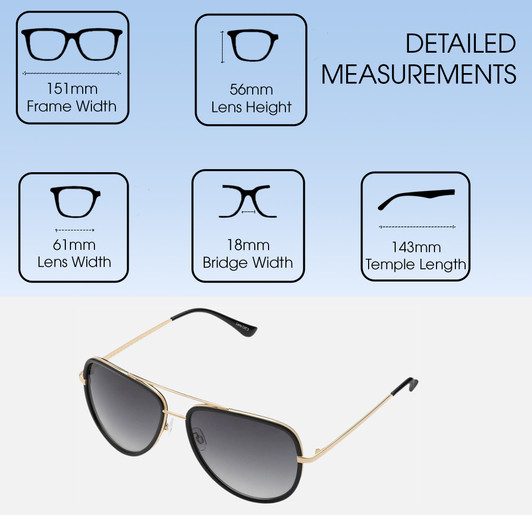 Dimensions and Measurements Illustration of QUAY Australia All In Unisex Pilot Designer Sunglasses Black Gold/Smoke Grey 61mm