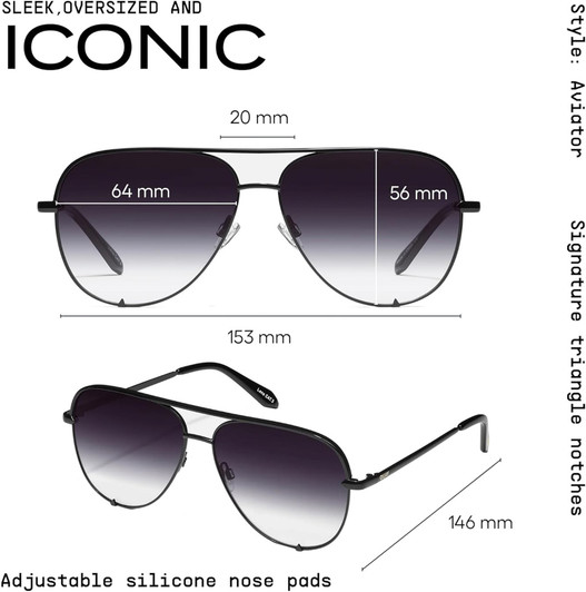 Dimensions and Measurements Illustration of QUAY Australia High Key Pilot Designer Sunglasses in Gloss Black/Smoke Grey 64mm