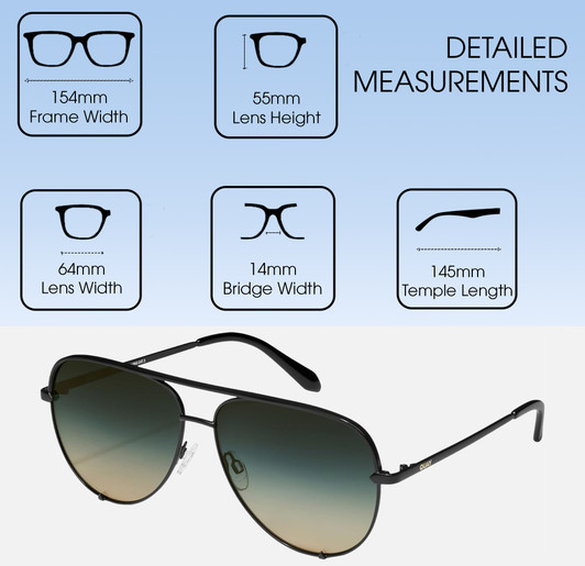 Dimensions and Measurements Illustration of QUAY Australia High Key Large Unisex Pilot Sunglasses Gloss Black/Green Fade 64mm