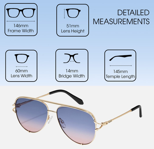Dimensions and Measurements Illustration of QUAY Australia High Key Twist Pilot Designer Sunglasses in Gold/Blue Rose 60 mm