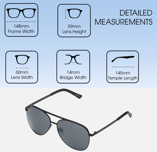 Dimensions and Measurements Illustration of QUAY Australia Vivienne Pilot Designer Sunglasses in Matte Black/Smoke Grey 60mm