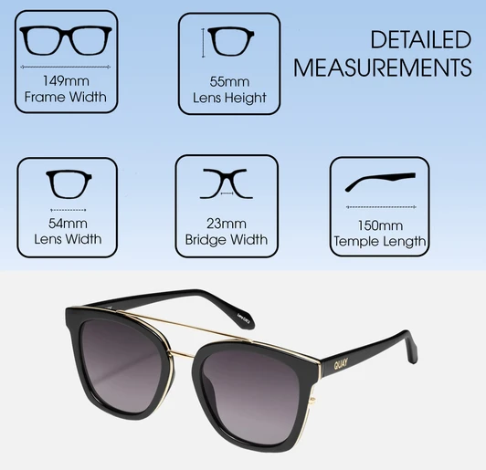 Dimensions and Measurements Illustration of QUAY Sweet Dreams Unisex Panthos Polarized BI-FOCAL Sunglasses Gloss Black 54 mm