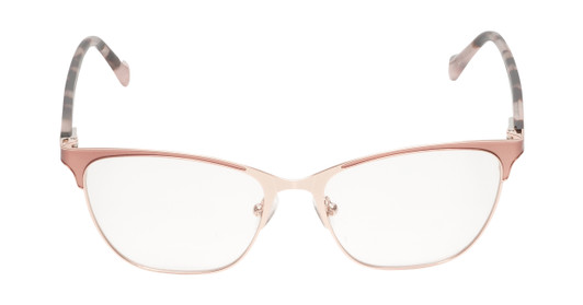 Front View of Lucky Brand D114 Designer Bi-Focal Prescription Rx Eyeglasses in Rose Gold Marble Ladies Cat Eye Full Rim Metal 53 mm