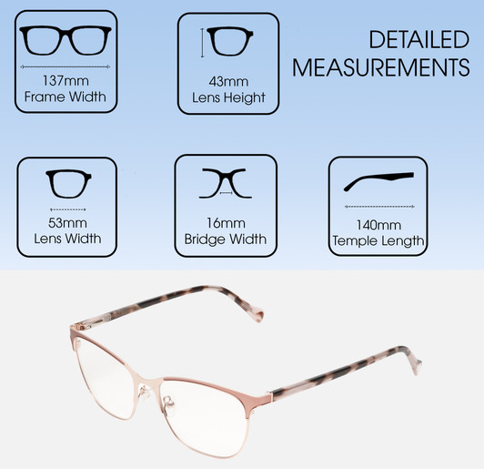 Dimensions and Measurements Illustration of Lucky Brand D114 Designer Blue Light Blocking Eyeglasses in Rose Gold Marble Ladies Cat Eye Full Rim Metal 53 mm