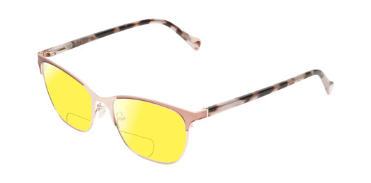 Profile View of Lucky Brand D114 Designer Polarized Reading Sunglasses with Custom Cut Powered Sun Flower Yellow Lenses in Rose Gold Marble Ladies Cat Eye Full Rim Metal 53 mm