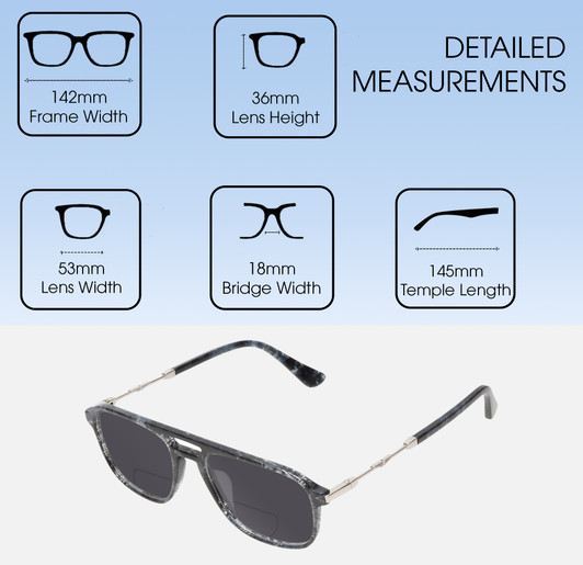 Dimensions and Measurements Illustration of Police VPLD13 Designer Polarized Reading Sunglasses with Custom Cut Powered Smoke Grey Lenses in Shiny Blue Marble Mens Pilot Full Rim Acetate 53 mm