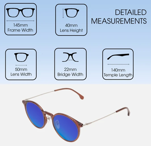 Dimensions and Measurements Illustration of Lozza SL4207M Designer Polarized Sunglasses with Custom Cut Blue Mirror Lenses in Crystal Brown Unisex Round Full Rim Acetate 50 mm