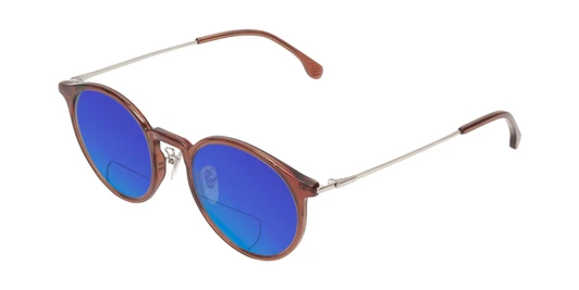 Profile View of Lozza SL4207M Designer Polarized Reading Sunglasses with Custom Cut Powered Blue Mirror Lenses in Crystal Brown Unisex Round Full Rim Acetate 50 mm